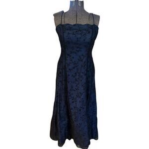 Besty & Adam 90s Vampy Gothic Beaded Mesh Overlay Prom Dress Maxi Black Blue 14